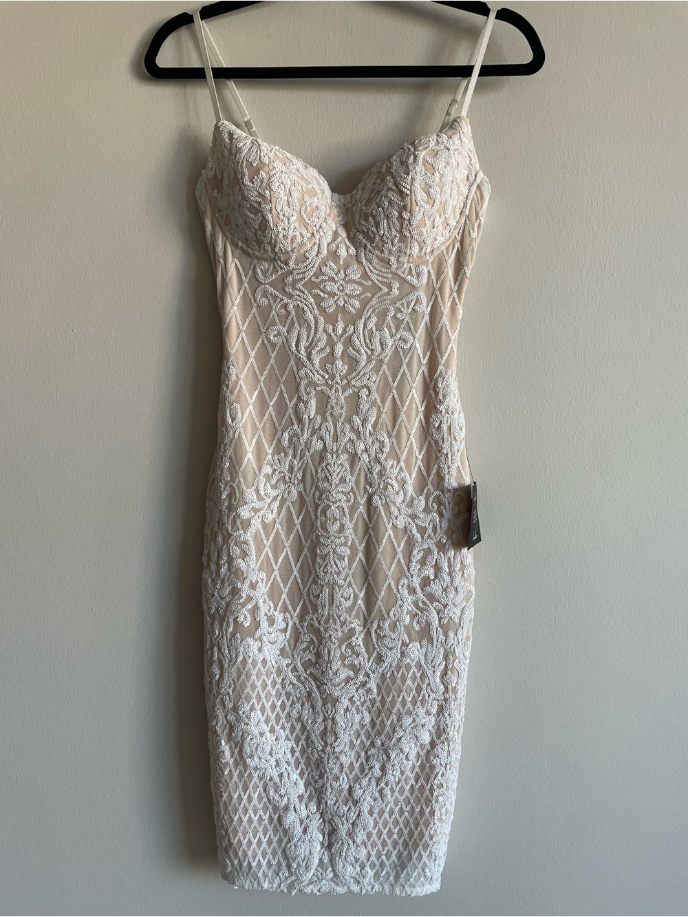 Lulus sequin dress white nude illusion sheer mesh lattice bridal formal S